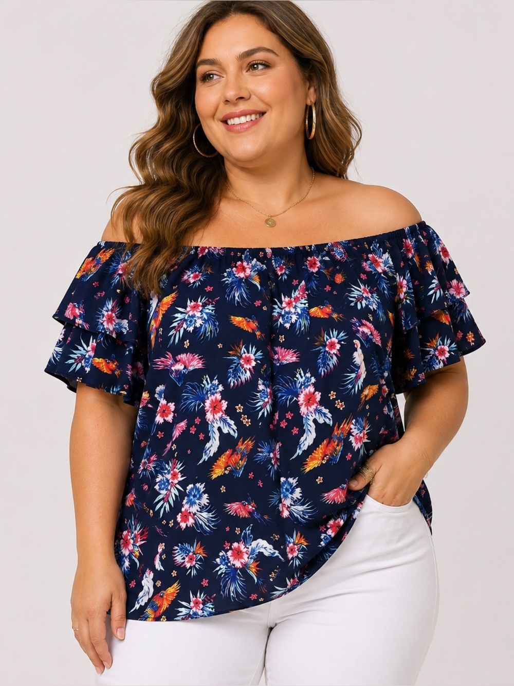 Tropical Parrot Floral Off Shoulder Peasant Blouse Top 1X Boho